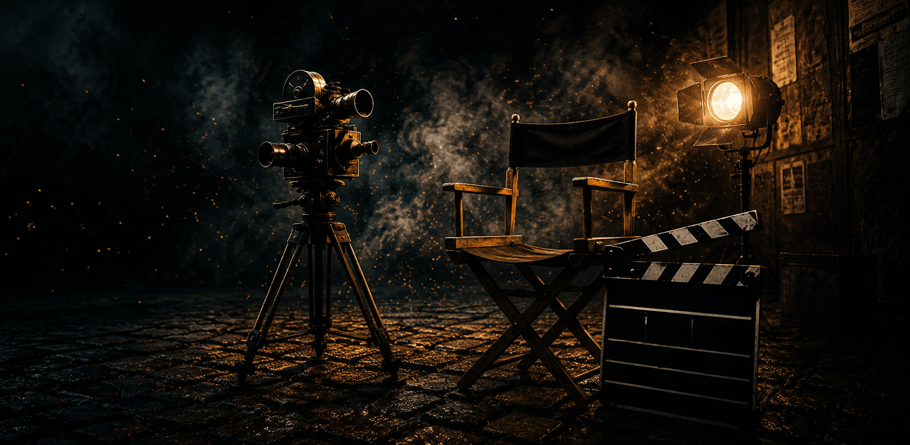 Cinema camera, director chair and studio light